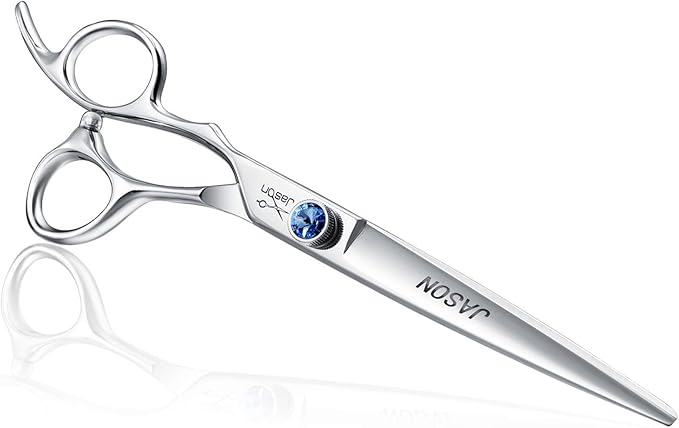 JASON Left Handed 7" Straight Dog Grooming Scissors, Premium Cats Grooming Shears Pets Trimming Kit with Offset Handle and a Jewelled Screw, Sharp, Comfortable Christmas Gift