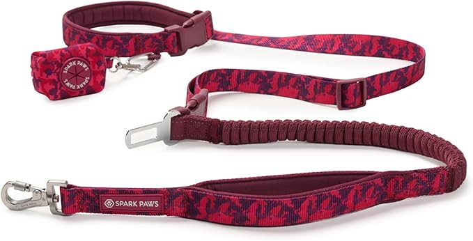 Spark Paws Handsfree Dog Leash – Shock Absorbing Waist Bungee Lead for Running, Car Seatbelt Clip & Poop Bag Set, Heavy Duty Tactical Lead for Medium, Large & X-Large Breeds - Fuchsia Camo