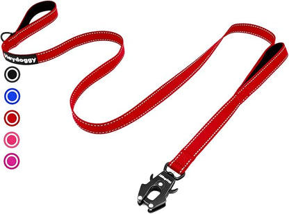 Strong Heavy Duty Dog Leash - 6ft Reflective Nylon Training Leash with Soft Padded Double Handle & Auto Lock Frog Clip - Safety Traffic Control for Large Medium Small Dogs No Pull Walking (Red,6ft)