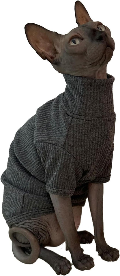Sphynx Cats Shirt Cat Turtleneck Cotton Sweater Pullover Kitten T-Shirts with Sleeves Cat Pajamas Jumpsuit for Sphynx Cornish Rex, Devon Rex, Peterbald (Small, Deep Grey)