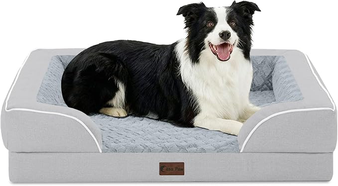 Casa Paw Orthopedic Dog Beds for Large Sized Dogs, Waterproof Memory Foam Large Pet Bed with Sides 35x22Inch, Non-Slip and Egg-Crate Foam Big Dog Couch Bed with Removable Washable Cover, Light Grey