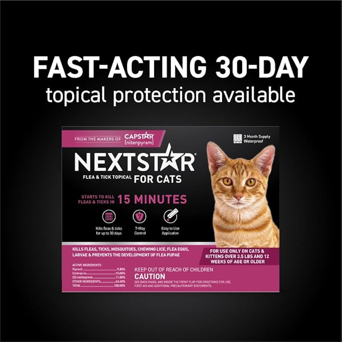 NEXTSTAR Flea and Tick Prevention for Cats, Repellent and Control, Fast Acting Waterproof Topical Drops, Flea Prevention for Cats Over 3.5 lbs, 6 Monthly Doses