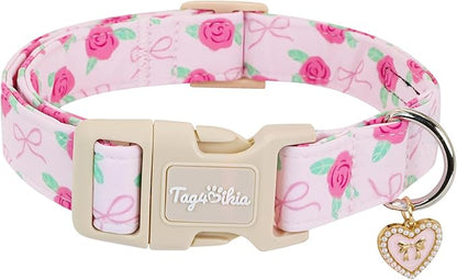 Dog Collars for Small Dogs, Adjustable Pink Dog Collars with Rose Pattern, Cute Dog Collar for Dogs Spring Summer Collars for Girl Boy Dog-S