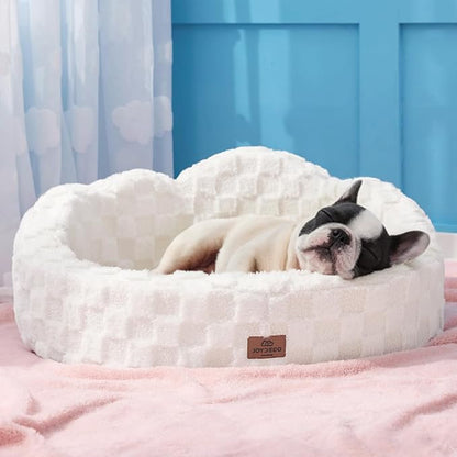 Joydeco Cloud Dog Bed for Small Dogs & Cats, Washable Pet Bed with Orthopedic Foam and Removable Checkered Plush Pad, Non-Slip Bottom for Indoor Puppies and Kittens, 27x24 Inch, White