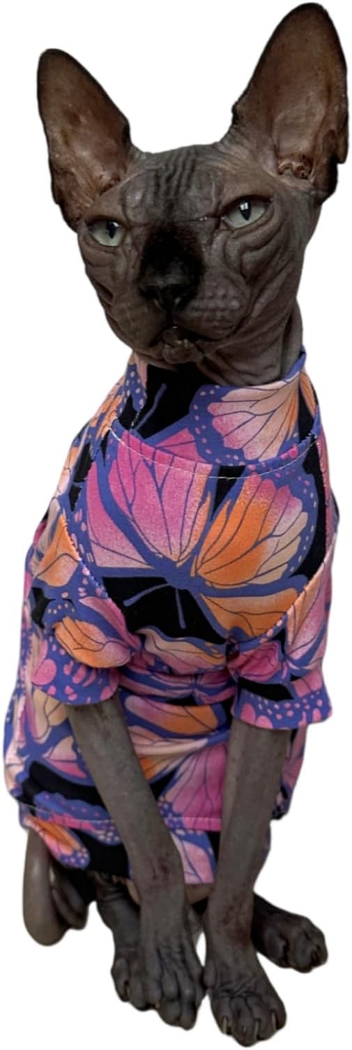 Limited Edition Sphynx Cat T-Shirts Elastic Hairless Cat Sweatshirt Pet Kitten Clothes Round Collar Kitten Shirts Vest Cats & Small Dogs Apparel (Butterfly, M (5.5-6.6 lbs))