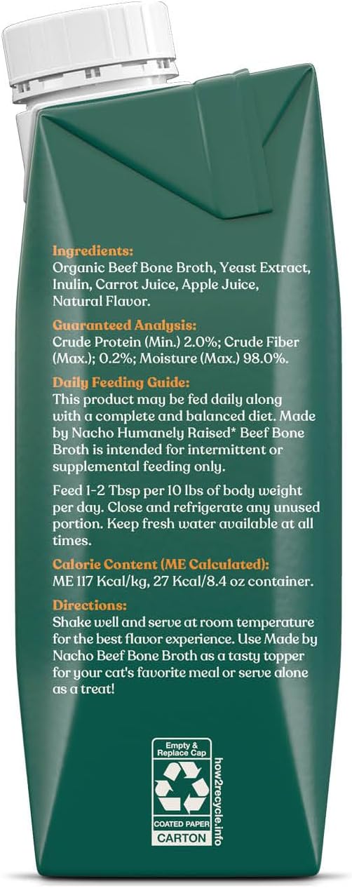 Made by Nacho Bone Broth Cat Food Topper for Hydration and Picky Eaters - Add Protein and Flavor to Your Dry Cat Food – Supports Optimal Nutrition, Digestion, Skin & Coat, 11 oz. (Pack of 4), Beef