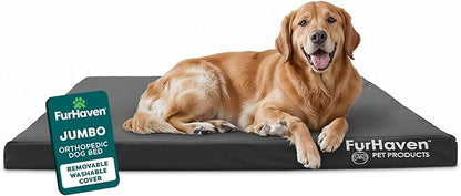 Furhaven Water-Resistant Orthopedic Dog Bed for Large Dogs w/ Removable Washable Cover, For Dogs Up to 95 lbs - Indoor/Outdoor Logo Print Oxford Polycanvas Mattress - Stone Gray, Jumbo/XL