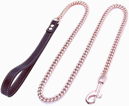 Rose Gold Dog Chain Leash 10MM 14MM Curb Cuban Link Chain Dog Leash Strong Chew Proof Stainless Steel Leash 3FT/4FT/5FT for Small Medium Large Dogs(10mm,4ft)…