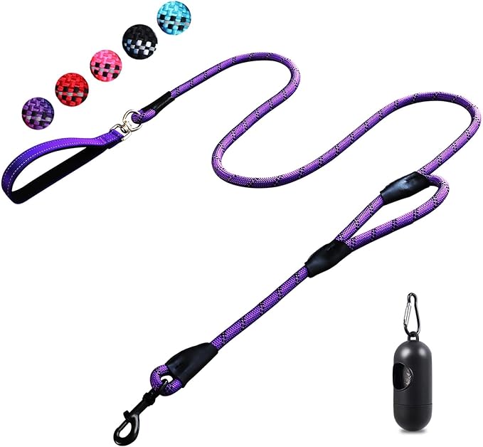 Dog Leash, 6 Foot Dog Leash, 2 Extra Padded Handles, Lockable Metal Carabiner Clip, Reflective No Pull Heavy Duty Rope Lead, Walking, Training, Running, Medium to Large Breeds（Purple）