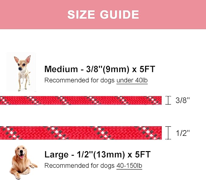 5 FT Slip Lead Heavy Duty Rope Leash for Small Medium Large Dogs, No Pull Training Lead with Reflective Thread, Strong Comfortable Loop Leash (Red Stripe, Large(1/2"))