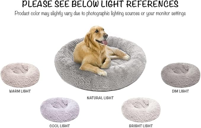 Friends Forever Donut Dog Bed Faux Fur Fluffy Calming Sofa For Small Dogs, Soft & Plush Anti Anxiety Pet Couch For Dogs, Machine Washable Coco Pet Bed with Non-Slip Bottom, 23"x23"x6" Grey