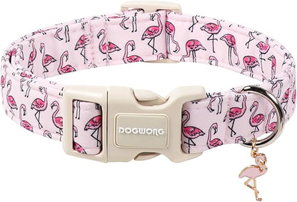 DOGWONG Cute Pet Dog Collar Pink Flamingos Cotton Dog Collar- Soft Girl Puppy Adjustable Pet Collars for Small Medium Large Dogs,M
