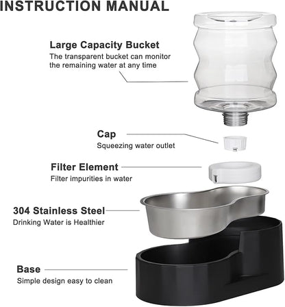 RIZZARI Dog Food Water Dispenser: 4L Large Black Stainless Steel Feeder with Triple Filter -Healthy Hydration for Pets in The Living Room - Garden and Study Room