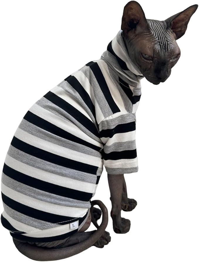 Vintage Stripes Sphynx Hairless Cats Shirt Cotton Cat Turtleneck Pet Clothes Kitten T-Shirts with Sleeves for Sphynx Cats (Black Grey White, Small)