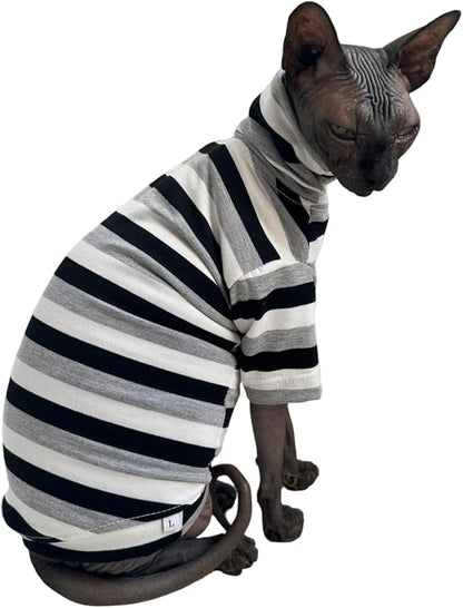 Vintage Stripes Sphynx Hairless Cats Shirt Cotton Cat Turtleneck Pet Clothes Kitten T-Shirts with Sleeves for Sphynx Cats (Black Grey White, Medium)