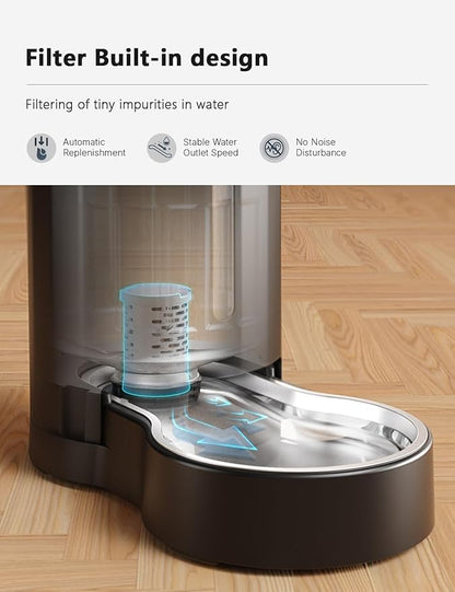CZPET Dog Water Bowl Dispenser with Filter, Automatic Dog and Cat Water Dispenser with Stainless Steel Bowl, Gravity Waterer, Large Capacity, and Quiet Drinking Area for Pets (8L+Filter,Black)