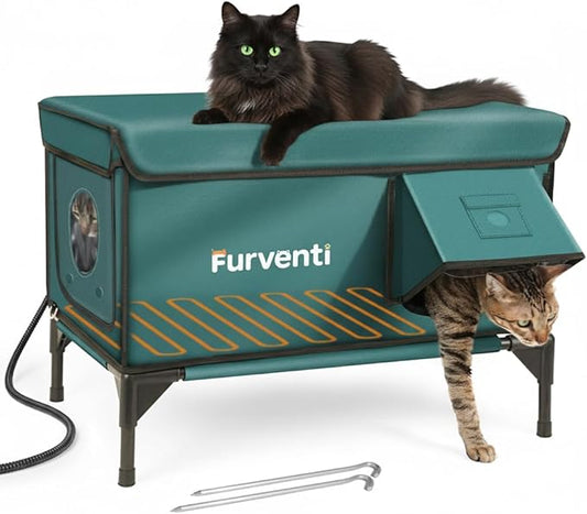Heated Cat House for Outdoor Cats, Waterproof Insulated Outdoor Cat House with Heating Pad, Weatherproof Elevated Heated Cats House for Outside Feral Cats(Deep Green, 25.5" L x 16" W x 18" H)