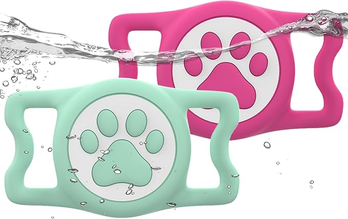 WhoseID IP68 Waterpoof Dog Airtag Holder, Stretchy Silicone Full Body Covered Apple Air Tag Holder for Dog Cat Collar Fit All Width Collar (Green/Rose, 2 Pack)