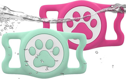 WhoseID IP68 Waterpoof Dog Airtag Holder, Stretchy Silicone Full Body Covered Apple Air Tag Holder for Dog Cat Collar Fit All Width Collar (Green/Rose, 2 Pack)