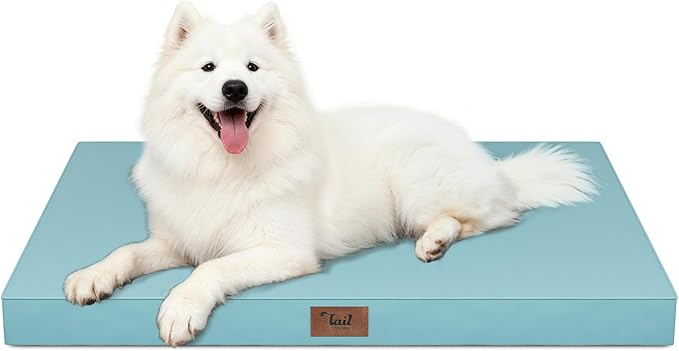 Tail Stories Outdoor Large Washable Dog Bed, Orthopedic Egg Crate Foam Dog Crate Mat for Large Dogs with Removable Oxford Cooling Cover, Light Blue