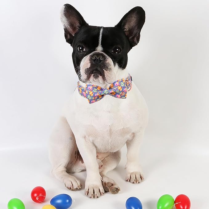 ARING PET Easter Dog Collar, Cute Purple Easter Eggs Pet Collars with Bow Tie for Puppy Small Medium Large Dogs-L