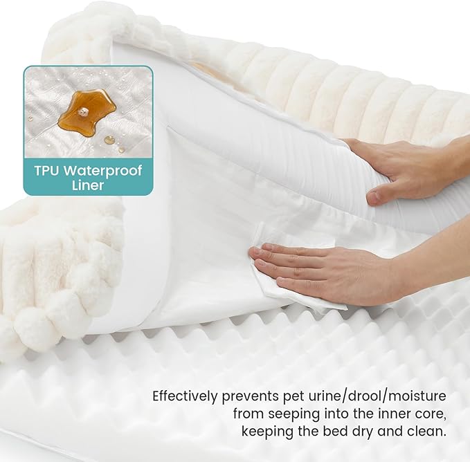 COZY KISS Cute Dog Bed for Large Dogs, Faux Rabbit Fur Orthopedic Foam Dog Bed with Sides, Removable Washable Cover & Waterproof Lining, Comfortable Pet Couch, Cream (44" L x 32" W x 7" Th)