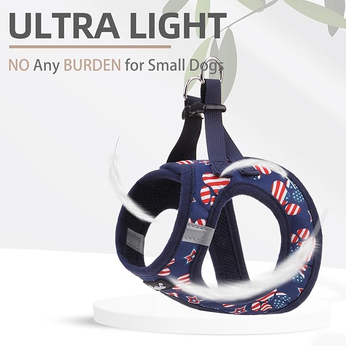 PUPTECK Dog Harness and Leash Set for Small Medium Dogs No Pull Step-in Soft Mesh Puppy Cat Vest Harnesses Reflective at Night, Stars and Strips, Blue, M