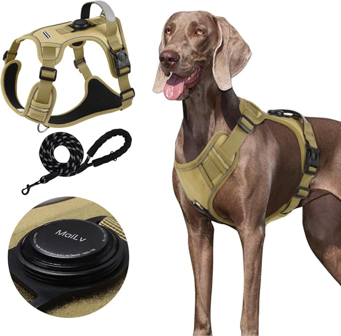 Airtag Dog Harness Chest Plate Reflective No Pull Harness with Leash for Extra Large Dogs (Khaki, M)