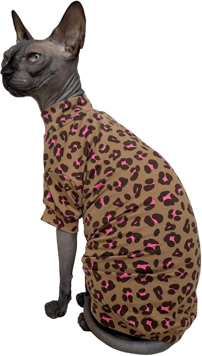 Limited Edition Sphynx Cat Cotton T-Shirts Hairless Cat Sweatshirt Pet Kitten Clothes Round Collar Kitten Shirts Vest Cats & Small Dogs Apparel (Pink Brown Leopard, L (7.7-9.9 lbs))