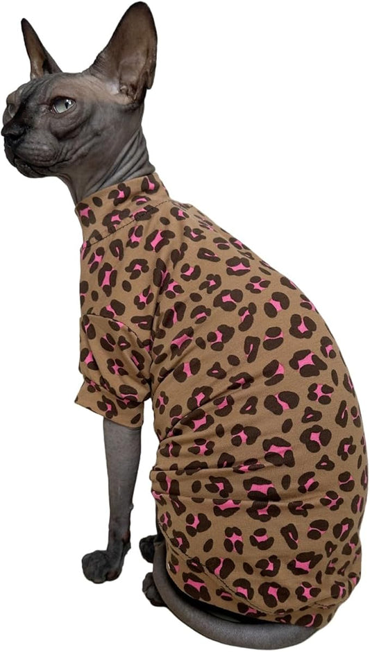 Limited Edition Sphynx Cat Cotton T-Shirts Hairless Cat Sweatshirt Pet Kitten Clothes Round Collar Kitten Shirts Vest Cats & Small Dogs Apparel (Pink Brown Leopard, XX-Large (12.5-15 lbs))