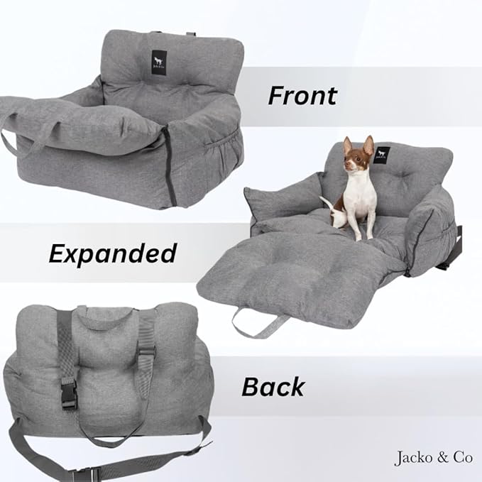 JACKO & CO Premium Dog Car Seat – Safe & Cozy Travel Bed and Carrier for Small Dogs, Puppies, Pets up to 25 lbs, Clip-On Leash & Storage Pockets, Water-Resistant, Machine Washable (Grey Small)