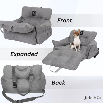 JACKO & CO Premium Dog Car Seat – Safe & Cozy Travel Bed and Carrier for Small Dogs, Puppies, Pets up to 25 lbs, Clip-On Leash & Storage Pockets, Water-Resistant, Machine Washable (Grey Small)