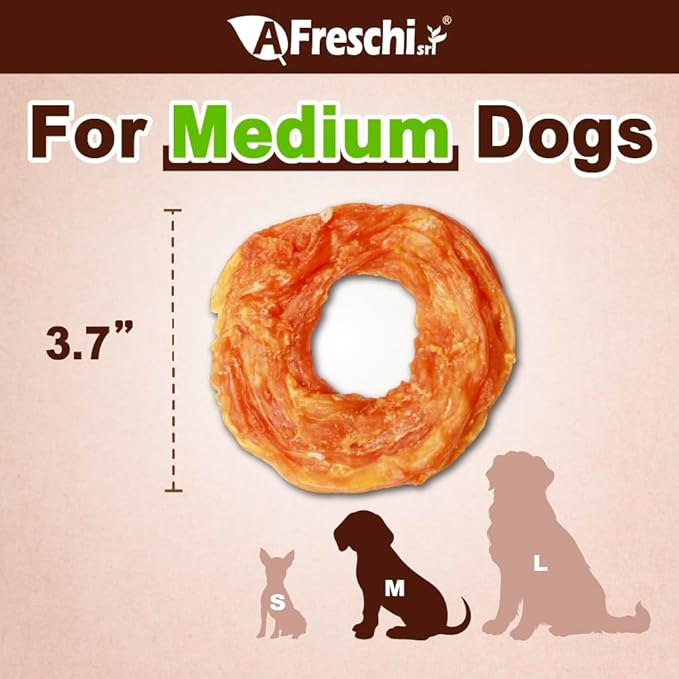A Freschi srl Turkey Tendons for Dogs, USA-Sourced, Healthy Dog Treats, Rawhide-Free Puppy Chews, Long Lasting, All Natural, Hypoallergenic Dog Treats for Medium Breeds, 10 oz Pack Ring (M)