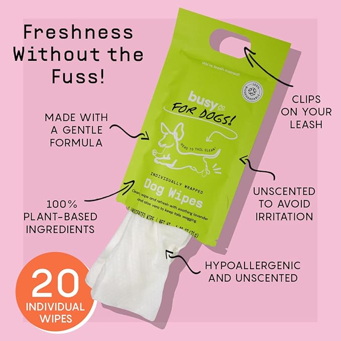BUSYCO - Hypoallergenic Dog Wipes, Cleaning and Odor Control Grooming Wipes for Paws, Body, and Butt, Perfect for Puppy and Adult Dogs, Individually Wrapped, Unscented (Unscented, 20 Grooming Wipes)