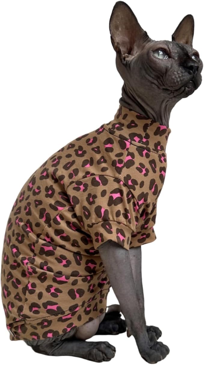 Limited Edition Sphynx Cat Cotton T-Shirts Hairless Cat Sweatshirt Pet Kitten Clothes Round Collar Kitten Shirts Vest Cats & Small Dogs Apparel (Pink Brown Leopard, L (7.7-9.9 lbs))