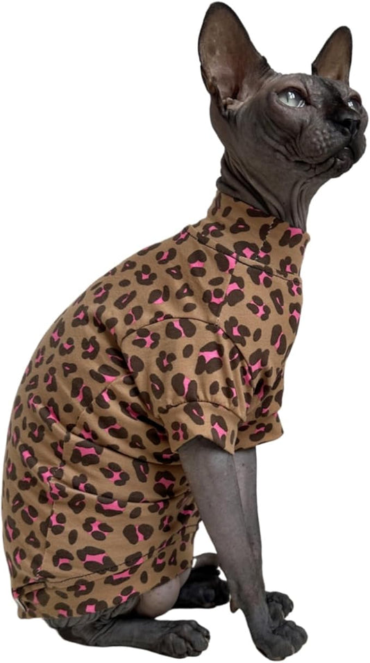 Limited Edition Sphynx Cat Cotton T-Shirts Hairless Cat Sweatshirt Pet Kitten Clothes Round Collar Kitten Shirts Vest Cats & Small Dogs Apparel (Pink Brown Leopard, L (7.7-9.9 lbs))