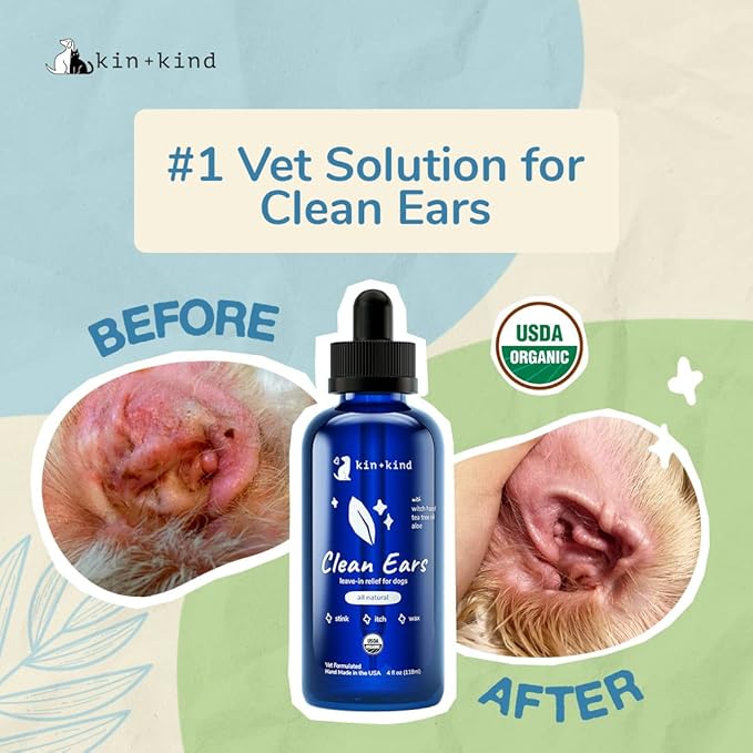 kin+kind Dog Ear Cleaner Solution – Organic Dog Ear Wash & Easy-to-Use Ear Drops for Dogs – Cleans Wax, Dirt & Odor – Gentle Ear Cleaning w/Witch Hazel, Aloe Vera & Tea Tree Oil – Made in USA 4 fl oz