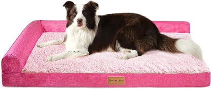 Patas Lague Orthopedic XL Dog Bed Large Sized Dog 42''X28'', Waterproof L Bolster Big Large Pet Sofa Beds with Removable Washable Cover, Soft Comfortable Pet Couch Crate Mat with Nonskid Bottom, Pink