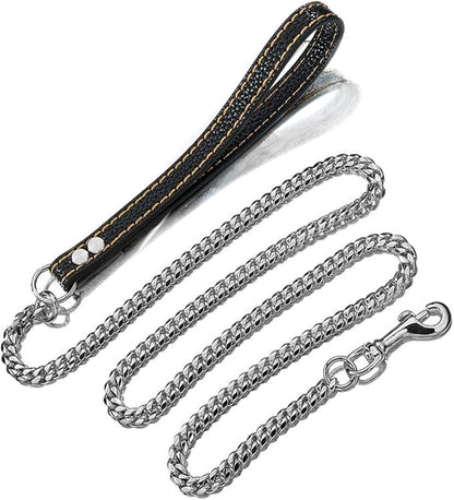 3FT/4FT/5FT Heavy Duty Silver Dog Chain Leash 14MM Stainless Steel Miami Cuban Link Chain with Durable Genuine Leather Handle for Training Walking(14mm,5ft)…
