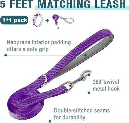 Dog Collar for Medium Small Large Dogs Reflective with Leash,Collar and Leash for Dogs,Soft Neoprene Padded 2 Pack(Purple,S)