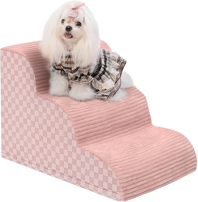 Dog Stairs Ramp for Couch 15.7”H, 3-Step Pet Stairs for Small Dogs with High Density Foam, Dog Slope Stairs with Durable Non-Slip Bottom for Puppy Pink