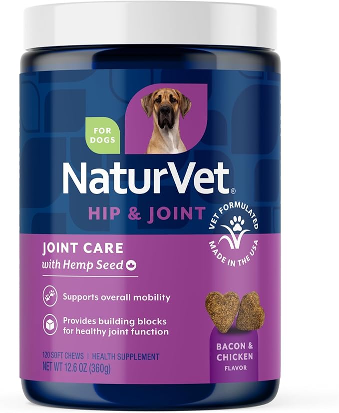 NaturVet – Hemp Joint Health For Dogs - Plus Hemp Seed | Supports Overall Joint Health | Enhanced with Glucosamine, MSM, Chondroitin & Antioxidants | 120 Soft Chews