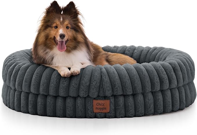 ChiXnuggle Dog Bed Medium Sized Dog - Luxury Striped Faux Fur Waterproof Pet Couch with Removable Washable Cover, Orthopedic Pet Bed with Bolster Sides for Sleeping, Dark Grey