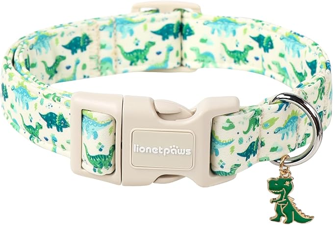 Lionet Paws Green and Blue Dinosaur Dog Collar- Cute Stegosaurus and Raptor Beige Dog Collars with Plastic Buckle,Light Adjustable Dog Collars for Small Dogs