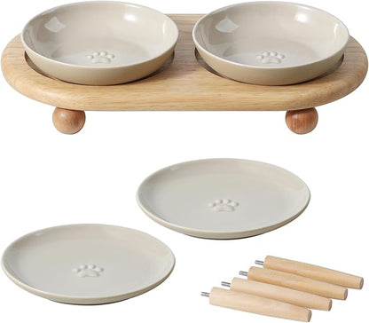 Havniva Raised Ceramic Wide Whisker Friendly Cat Dishes, Food& Water Bowl with 2 Style Stand Adjustable Pet Bowl Set, Anti Whisker Fatigue(2Dish+2Shallow Dish+Stand