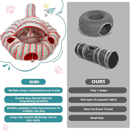 OUHOU Cat Tunnel Bed for Indoor Cats, Soft Plush Peekaboo Cat Cave Donut Tunnel, Multifunctional Cat Playground Toys Hideplace for Small Medium Large Cats, Kittens, Rabbit, Ferret (Red)