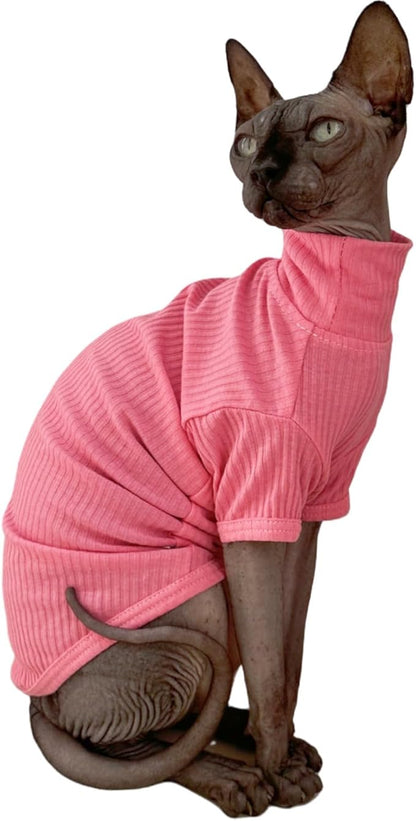 Sphynx Hairless Cats Shirt Cotton Cat Turtleneck Sweater Pullover Kitten T-Shirts with Sleeves Cat Pajamas Jumpsuit for Sphynx Cornish Rex, Devon Rex, Peterbald (X-Large (Pack of 1), Rosey Pink)