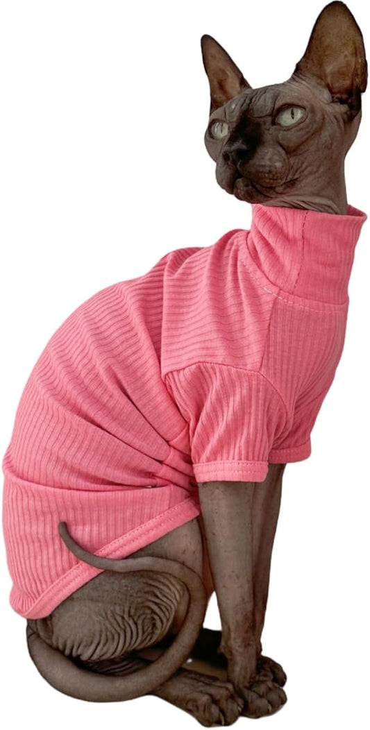Sphynx Hairless Cats Shirt Cotton Cat Turtleneck Sweater Pullover Kitten T-Shirts with Sleeves Cat Pajamas Jumpsuit for Sphynx Cornish Rex, Devon Rex, Peterbald (XX-Large (Pack of 1), Rosey Pink)