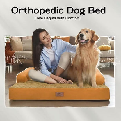Large Dog Bed Orthopedic Washable, Orthopedic Dog Beds for Large Dogs with Washable Cover, Removable Bolster and Non-Slip Bottom Orange Pet Beds, XL XLarge Extra Large Dogs