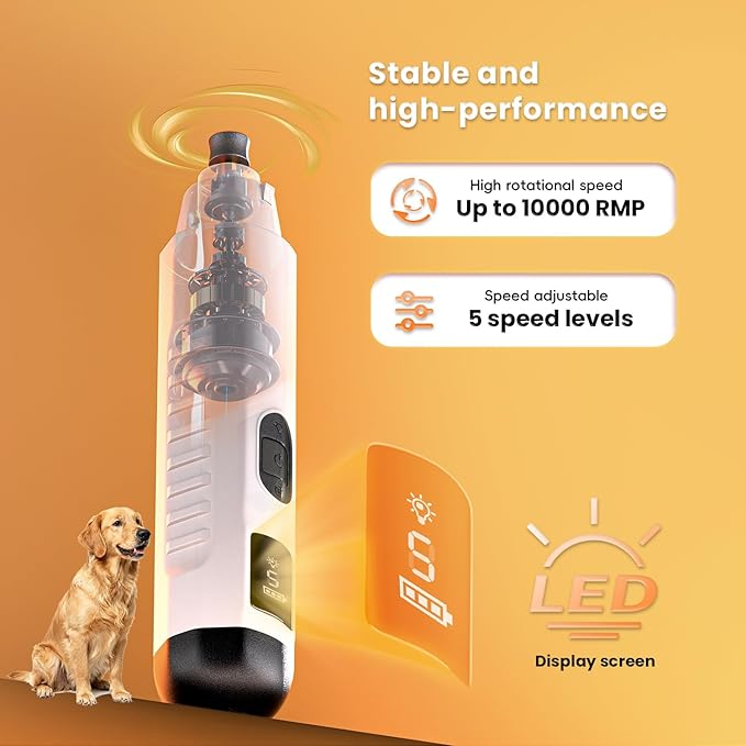 MOONEON 2026 New Silent Groom Pro Pet Nail Grinder, 5-Speed Dog Nail Grinder with Led Light, 40 db Quiet Painless Paws Grooming for Small Medium Large Dogs & Cats, USB Rechargeable